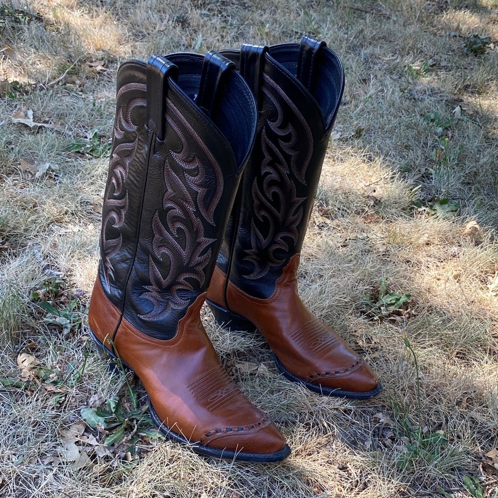 Tony Lama Black and Brown Heeled Cowboy Boots